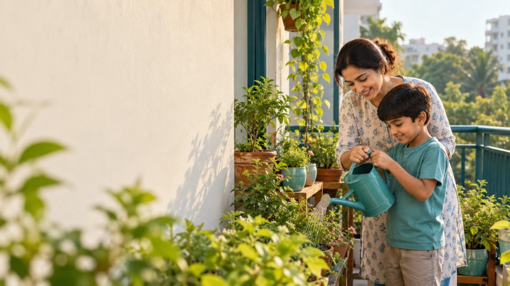Parent and child watering balcony plants with a watering can