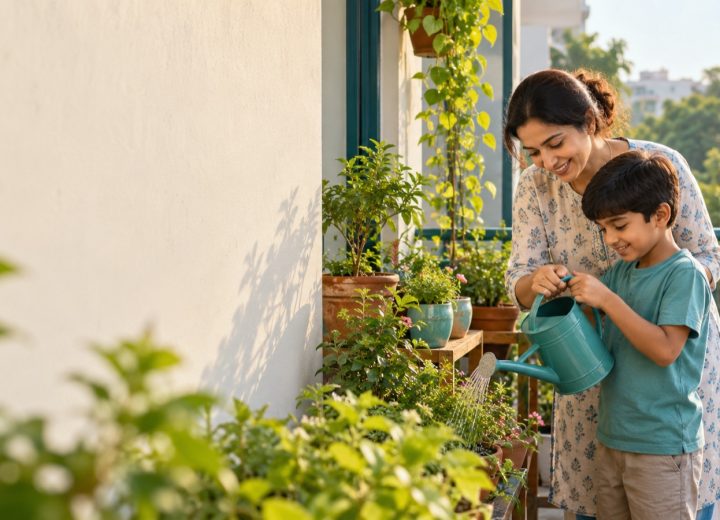 Parent and child watering balcony plants with a watering can