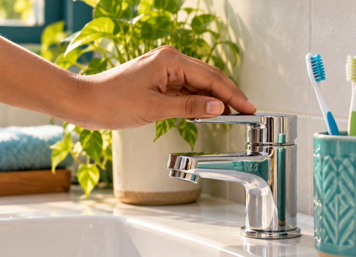 Hand closing a bathroom tap beside toothbrushes