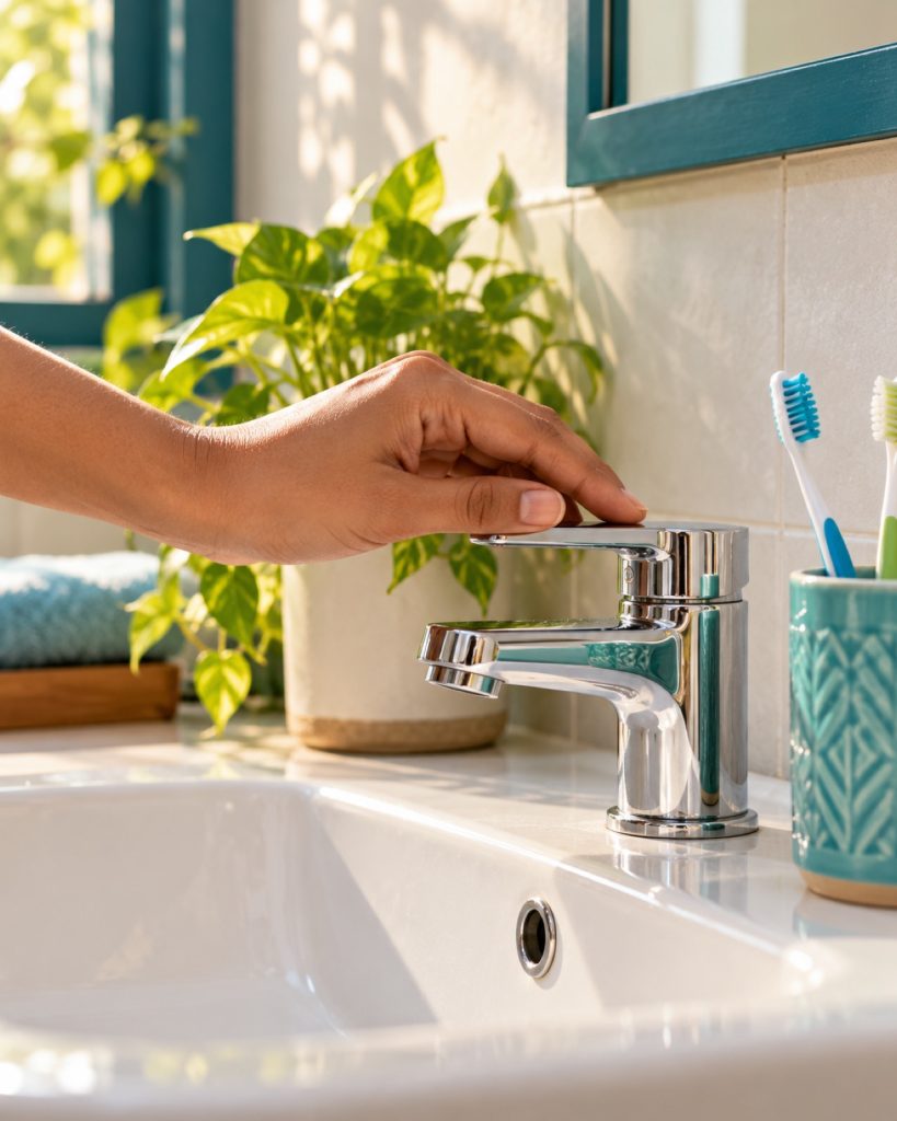 Hand closing a bathroom tap beside toothbrushes