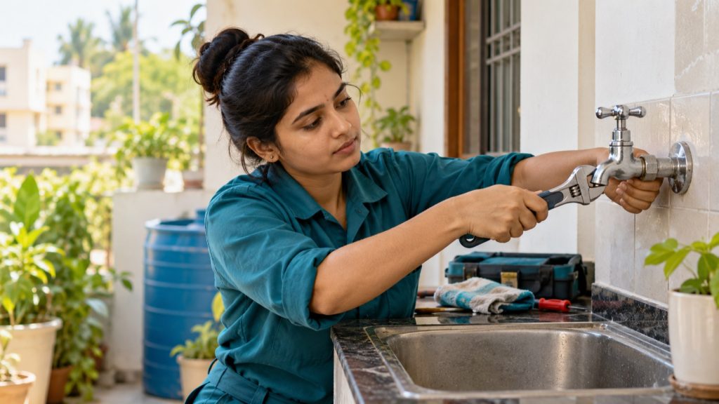 Woman repairing a household tap with an adjustable wrench