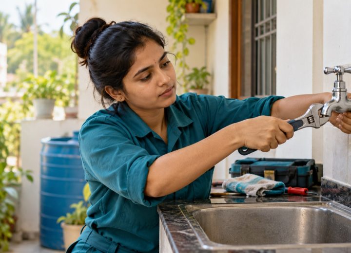 Woman repairing a household tap with an adjustable wrench