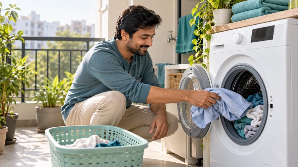 Man loading clothes into a front-loading washing machine