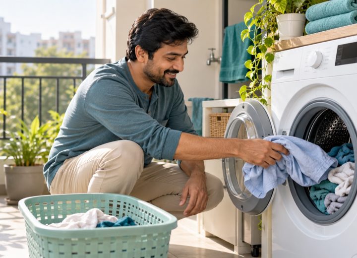 Man loading clothes into a front-loading washing machine