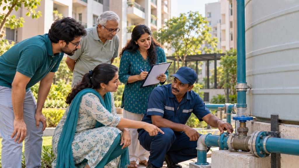 Residents and a maintenance worker inspecting a shared water valve