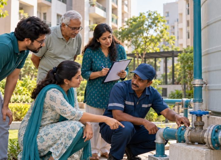 Residents and a maintenance worker inspecting a shared water valve