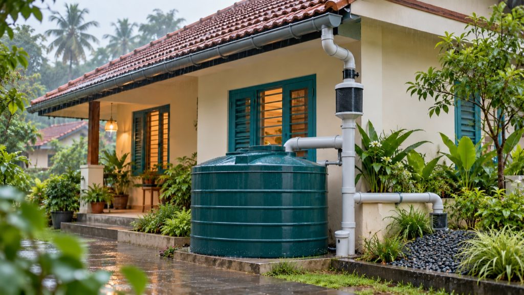Illustration of a home gutter and downpipe connected to a covered rainwater tank