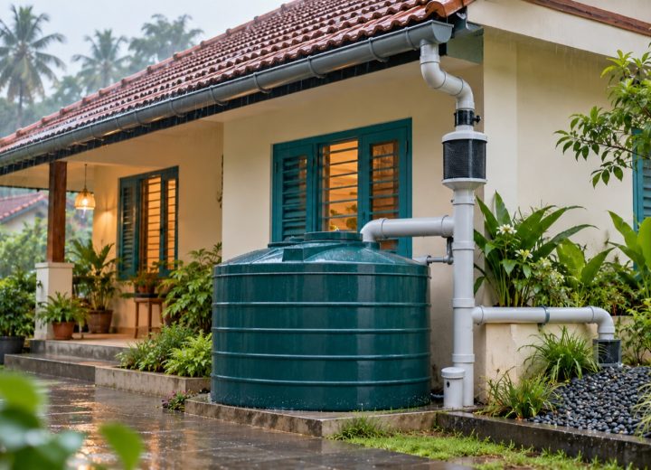 Illustration of a home gutter and downpipe connected to a covered rainwater tank