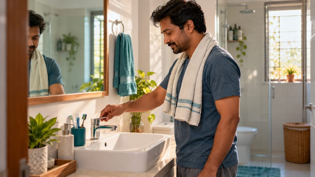 Man closing a bathroom tap beside a toothbrush cup, with no water flowing