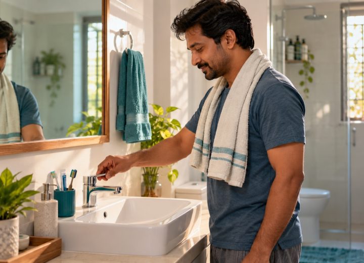 Man closing a bathroom tap beside a toothbrush cup, with no water flowing