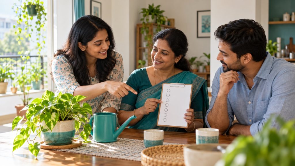 Three adults planning household water-saving habits around a table