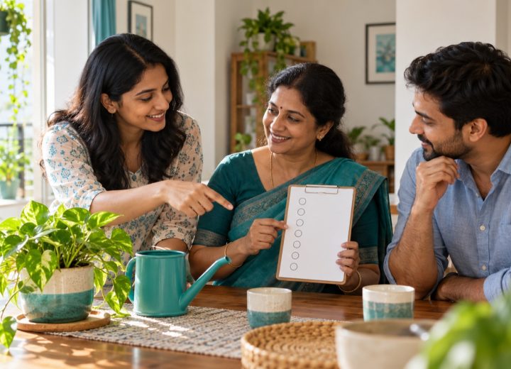 Three adults planning household water-saving habits around a table