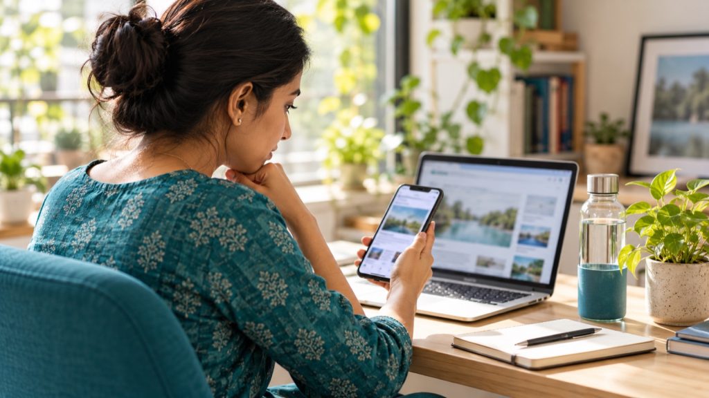 Woman reviewing information on a phone and laptop before sharing