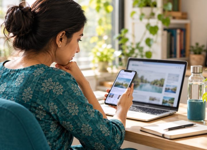 Woman reviewing information on a phone and laptop before sharing