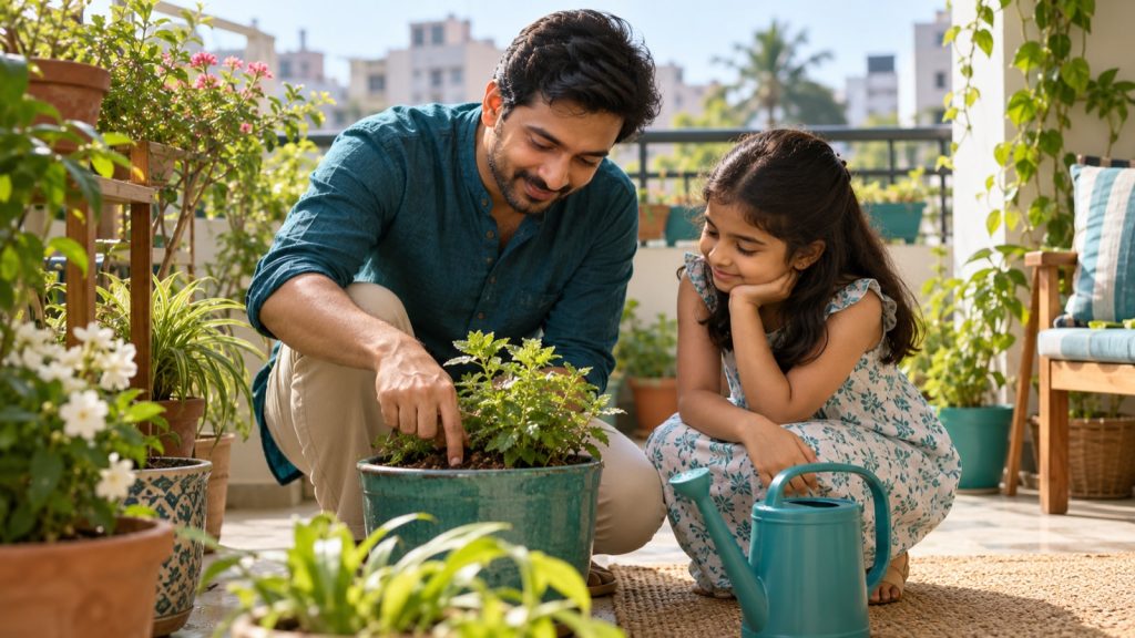 Parent and child checking soil moisture in a balcony plant pot