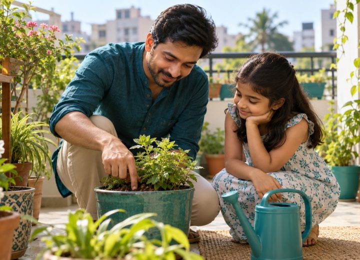 Parent and child checking soil moisture in a balcony plant pot