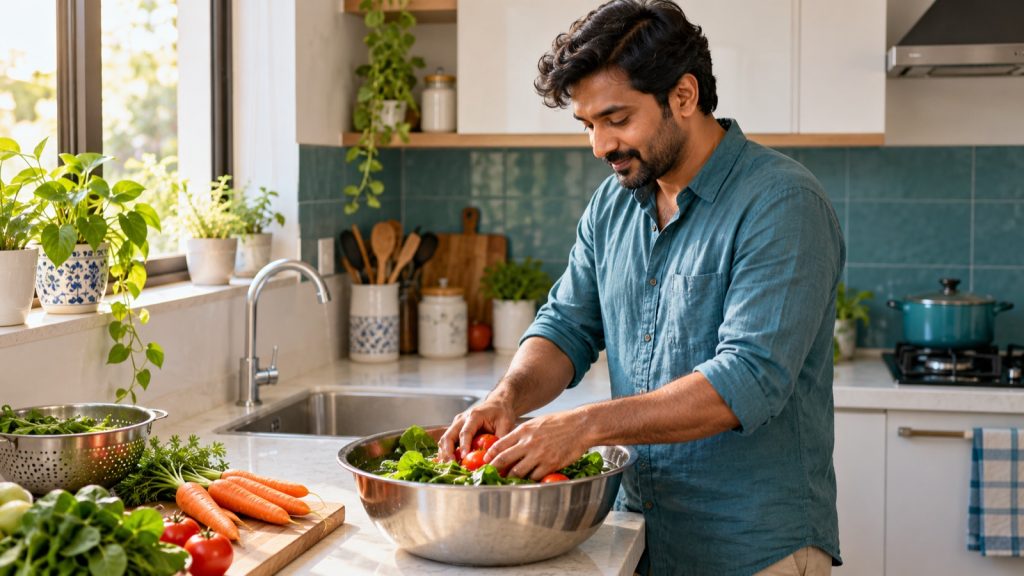Man washing vegetables in a bowl on a kitchen counter