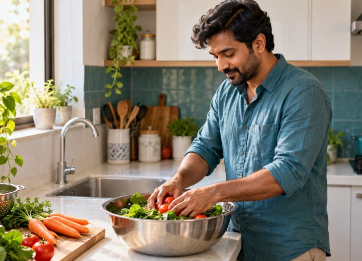Man washing vegetables in a bowl on a kitchen counter
