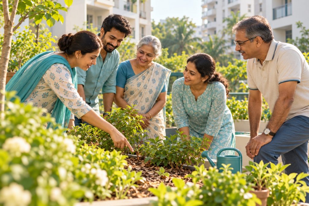 Neighbours discussing water use in a shared garden