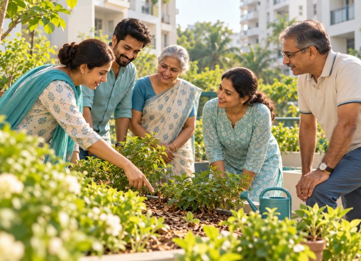 Neighbours discussing water use in a shared garden