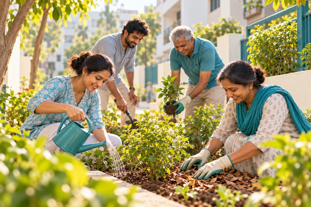 Neighbours watering and mulching plants together