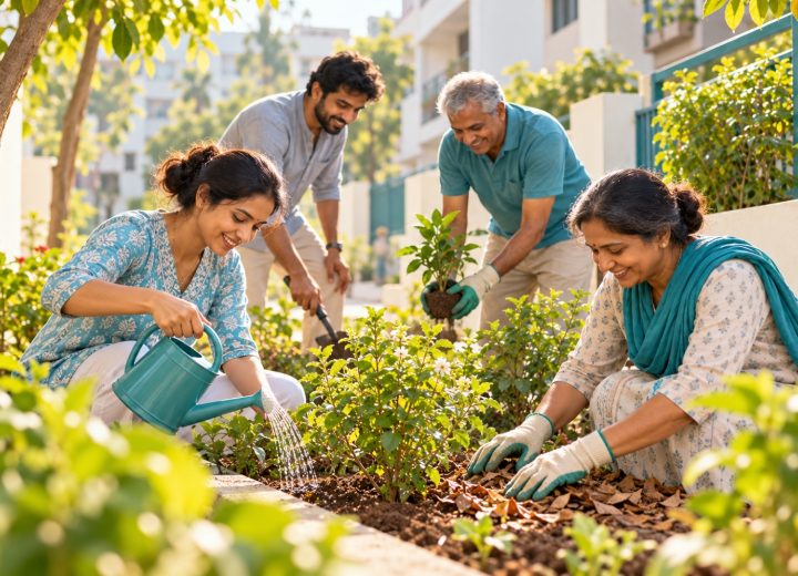 Neighbours watering and mulching plants together