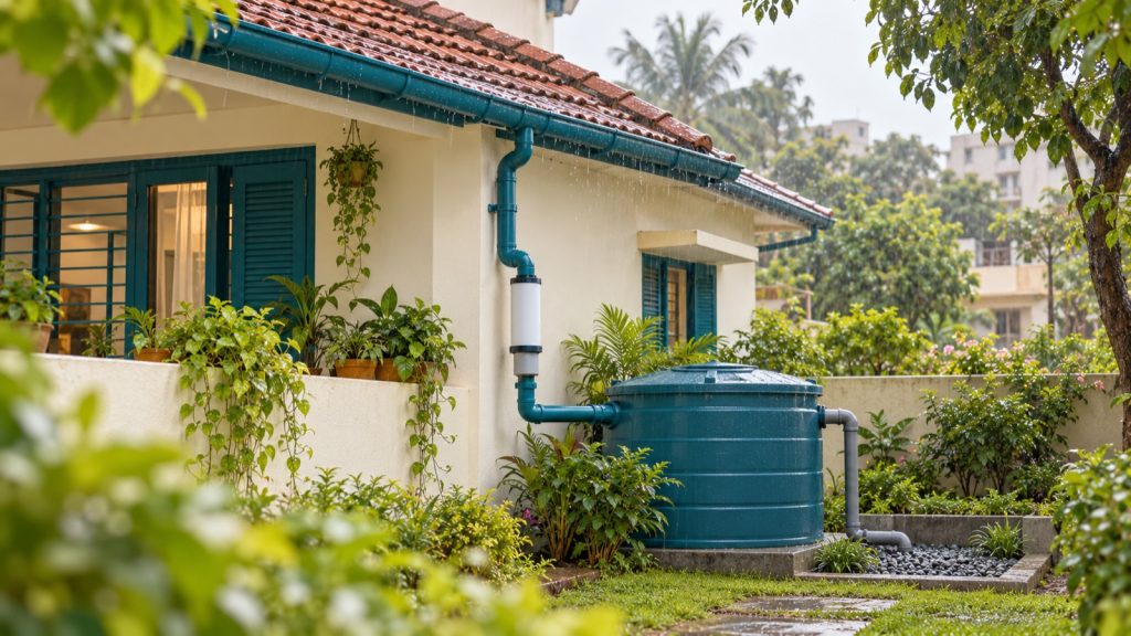 Rooftop gutter connected to a covered rainwater collection tank