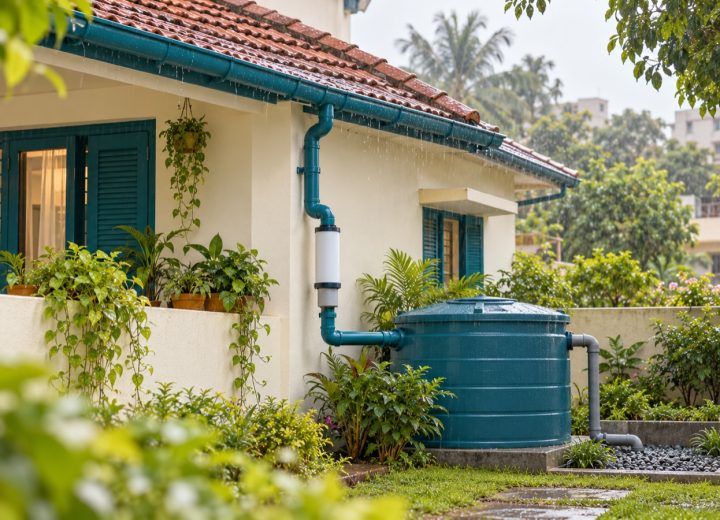 Rooftop gutter connected to a covered rainwater collection tank