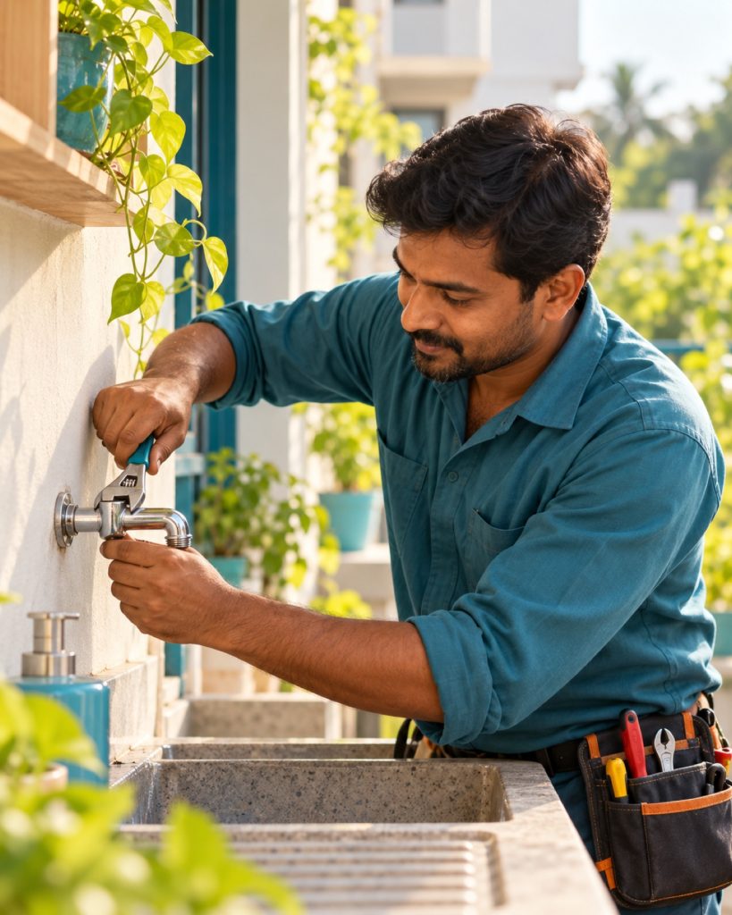 Plumber repairing a household tap with a wrench