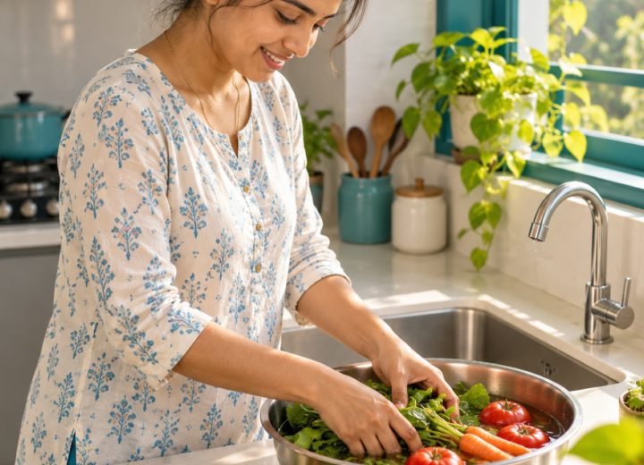 Woman washing vegetables in a bowl with the tap turned off