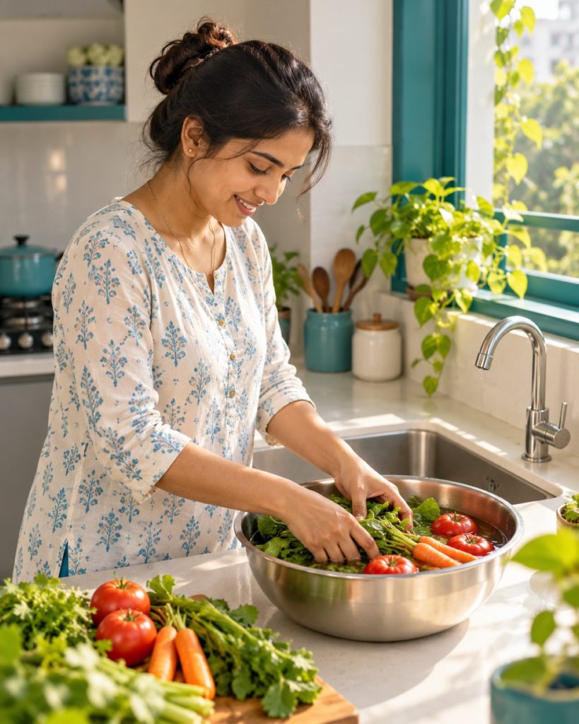Woman washing vegetables in a bowl with the tap turned off